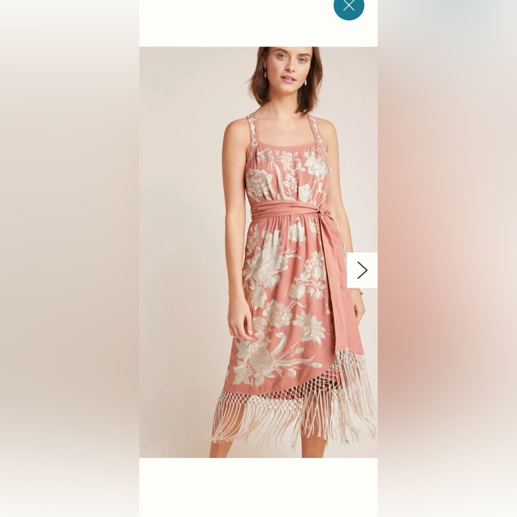 Anthropologie Lucille Pink & White Floral Embroidered Fringe Dress Size 6